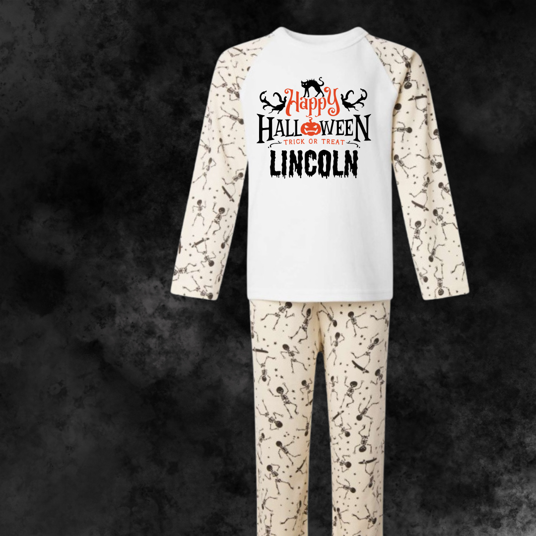 Personalised Halloween Dancing Skeleton Print Long Sleeve Pyjama Set