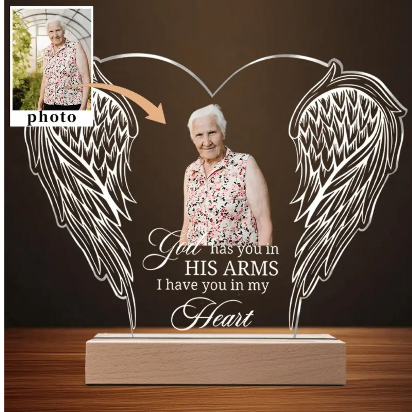 Acrylic Memorial Plaque with Custom Photo & Angel Wings