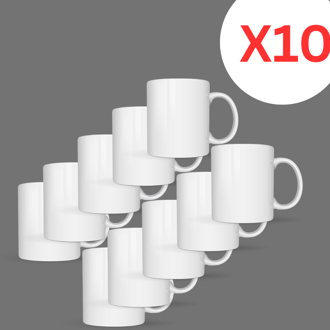 Set of 10 white mugs on a gray background with 'X10' in red.