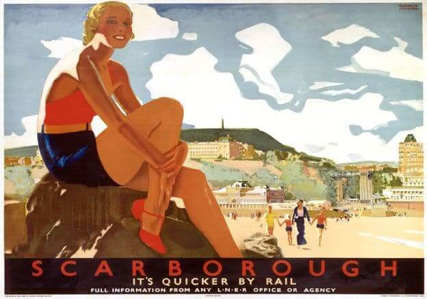 Vintage Scarborough travel poster by Andrew Johnson, featuring a bathing belle and scenic seafront.