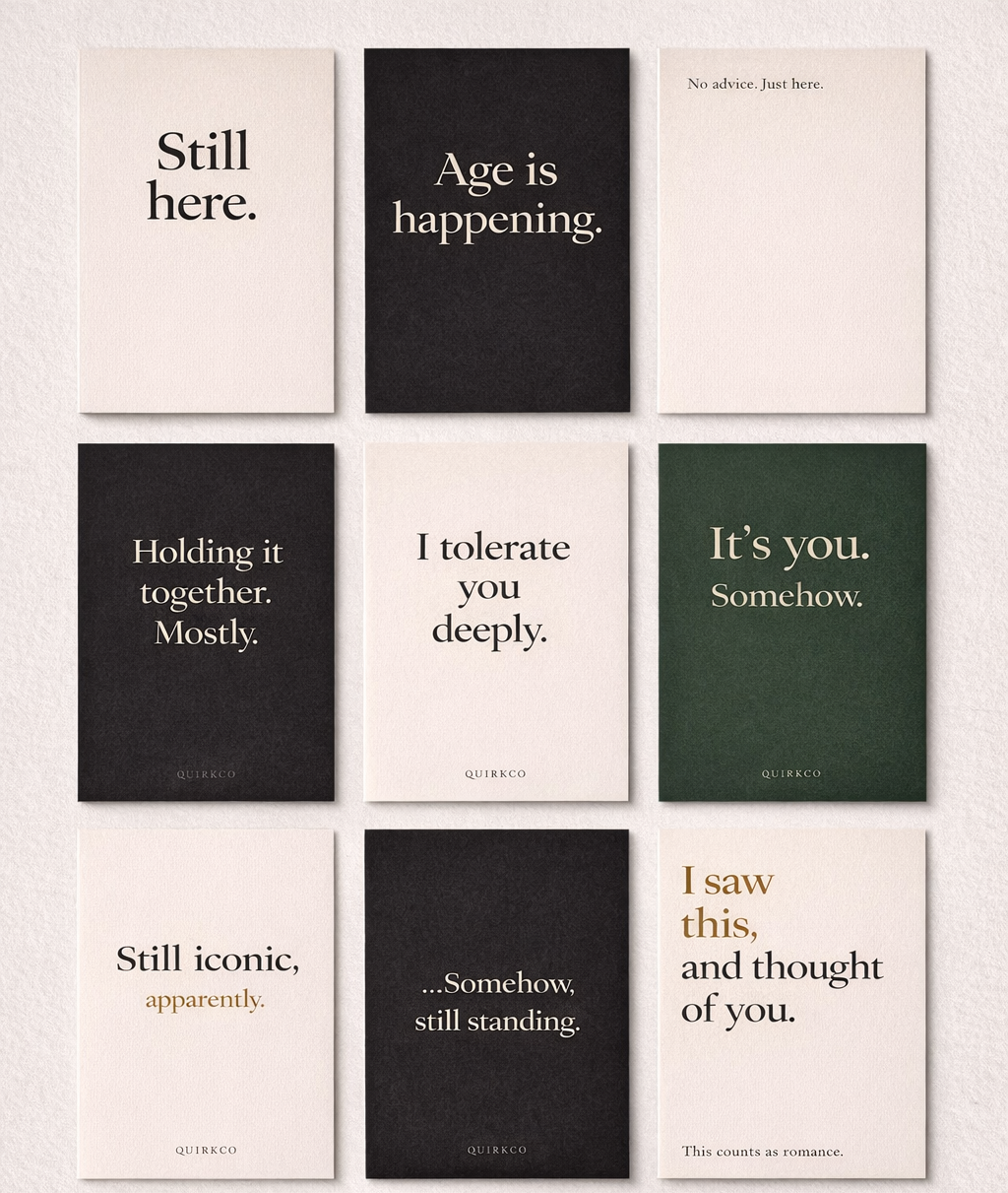 Minimalist typographic cards with understated phrases in neutral tones, designed by Quirkco
