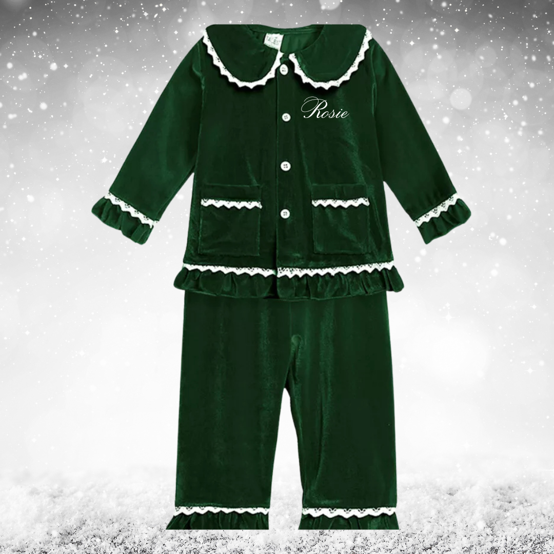 Girl's Personalised Embroidery Luxury Cotton Velour Pyjamas - Festive Green