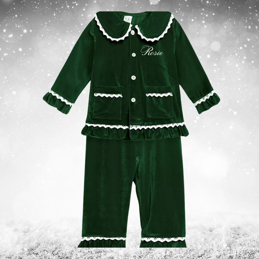 Girl's Personalised Embroidery Luxury Cotton Velour Pyjamas - Festive Green
