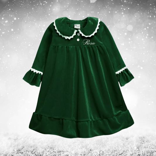 Girl's Personalised Embroidery Luxury Cotton Velour Nightie - Festive Green