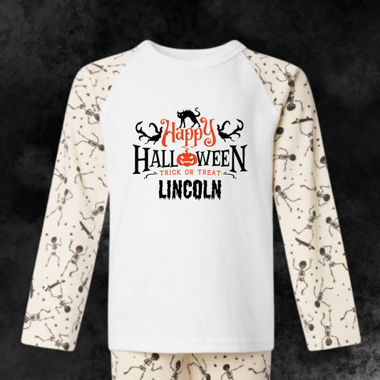 Personalised Halloween Dancing Skeleton Print Long Sleeve Pyjama Set