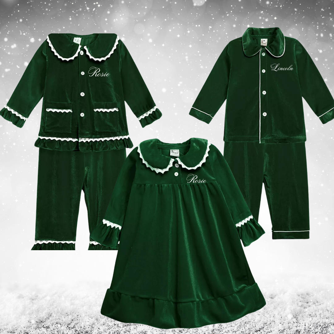 Girl's Personalised Embroidery Luxury Cotton Velour Nightie - Festive Green