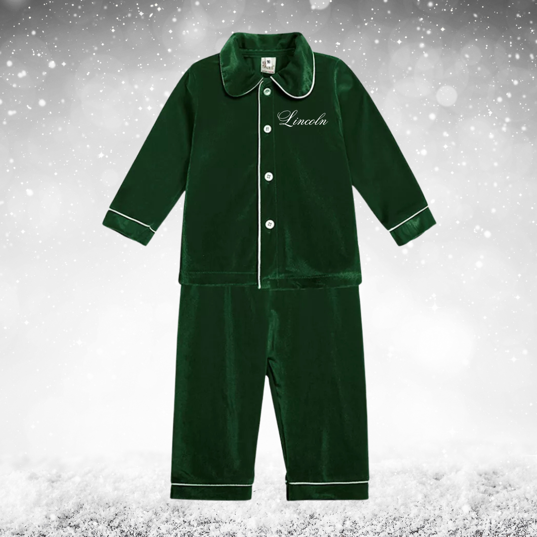 Boys Personalised Embroidery Luxury Cotton Velour Pyjamas - Festive Green