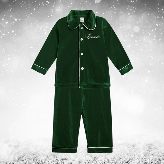 Boys Personalised Embroidery Luxury Cotton Velour Pyjamas - Festive Green