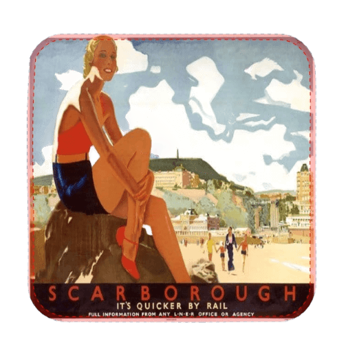 Scarborough Coaster featuring nostalgic LNER travel poster by Andrew Johnson, showcasing a bathing belle at the seaside.