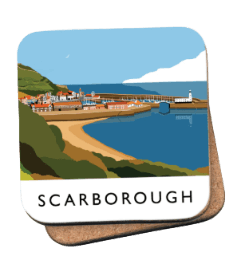 Scarborough coasters featuring 1950s travel poster artwork of the coastal landscape and harbor.