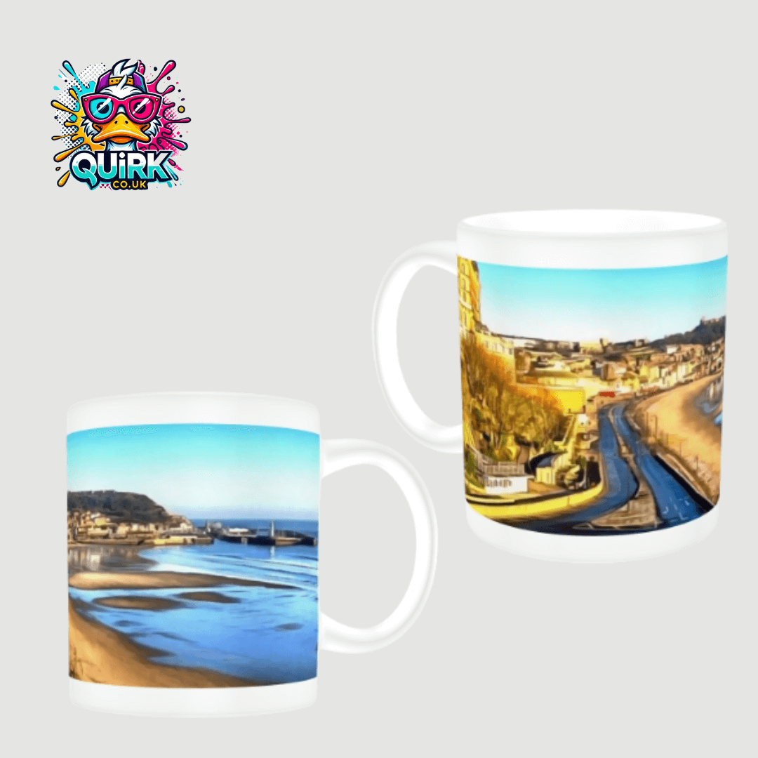 Scarborough 10 oz premium mug featuring South Bay seafront design with coastline and historic landmarks.
