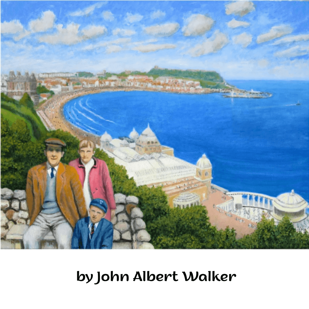 Painting by John Albert Walker depicting Scarborough beach scene, capturing mid-century leisure and family moments.